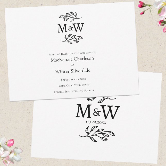 Save The Date Mariage Couple Simple Monogramme Initiales Minimal (Modern elegant save the date wedding invitations with couple monogram initials & botanical line art)
