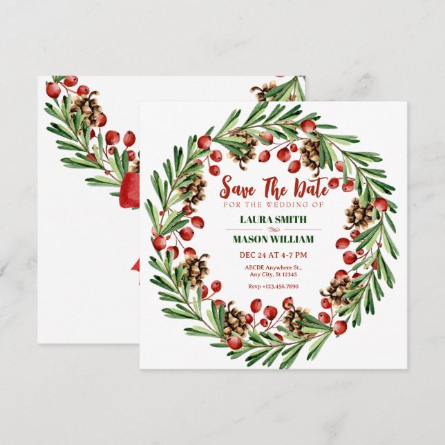 Save The Date Mariage couronne de Noël (Devant / Derrière)