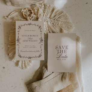 Save The Date Mariage Crème Brun au Chocolat Floral Vieille Fort