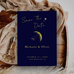 Save The Date Mariage Croissant de Lune en Or Bleu Minuit Célest