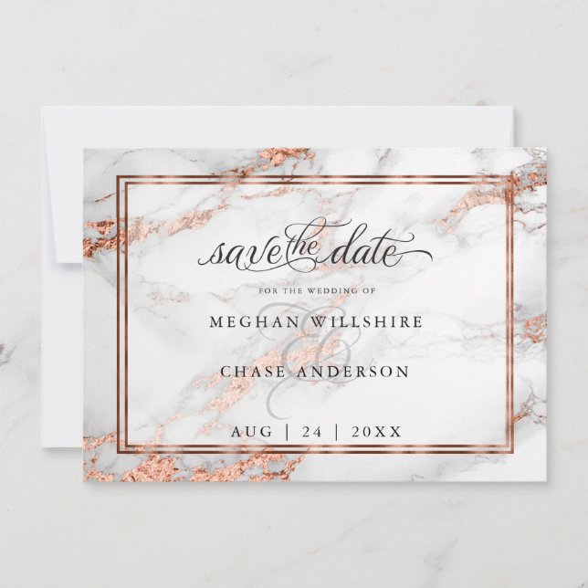 Save The Date Mariage cuivre et marbre Élégance Bold (Devant)