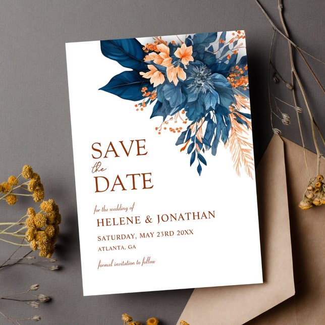 Save The Date Mariage dans le jardin botanique élégant moderne I (Modern Elegant Botanical Indigo Garden Wedding Save The Date)