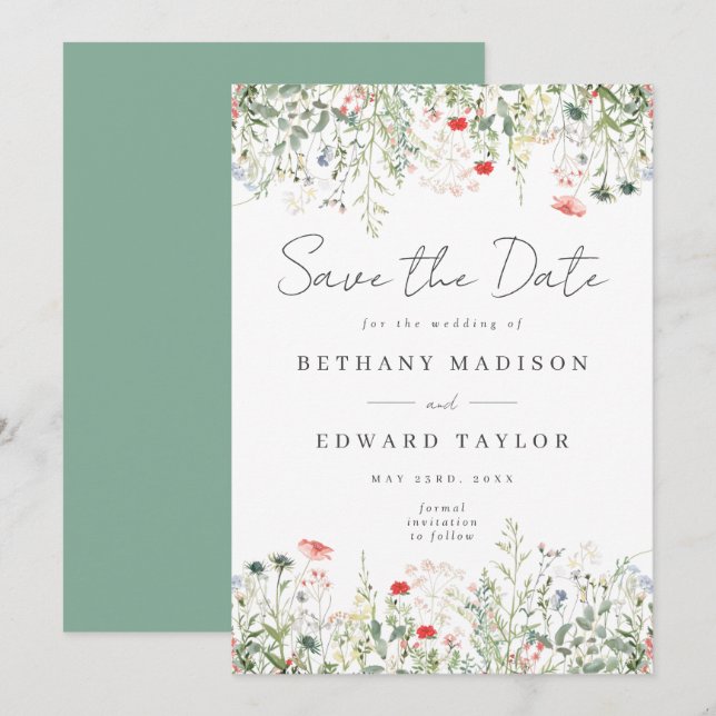 Save The Date Mariage dans une prairie de fleurs sauvages (Devant / Derrière)