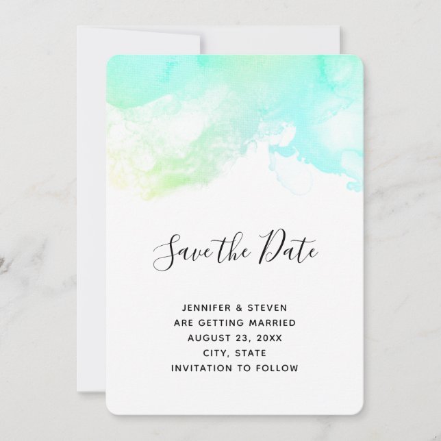 Save The Date Mariage d'aquarelle Abstrait vert et bleu (Devant)