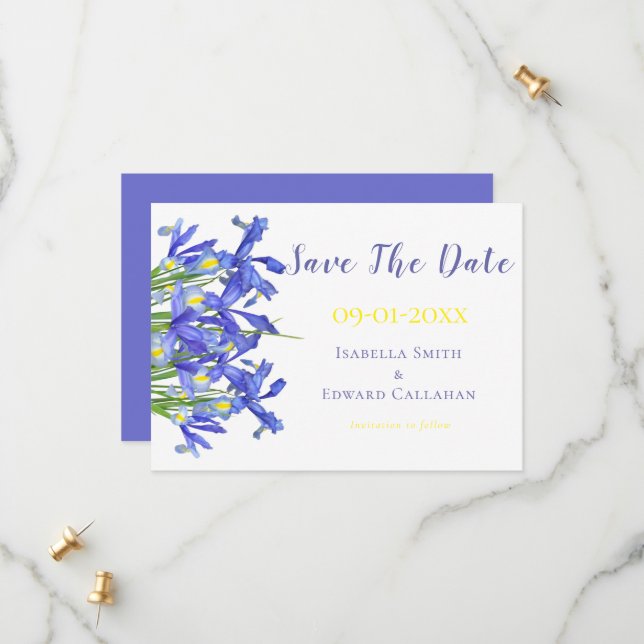 Save The Date Mariage d'aquarelle fleurie bleu romantique Irises (Devant/Arrière en situation)