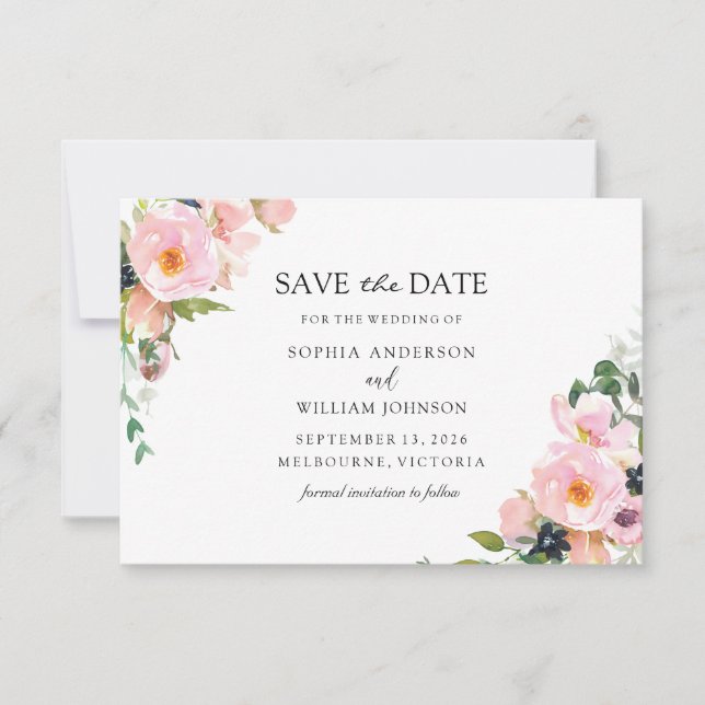 Save The Date Mariage d'aquarelle florale de la marine rose (Devant)