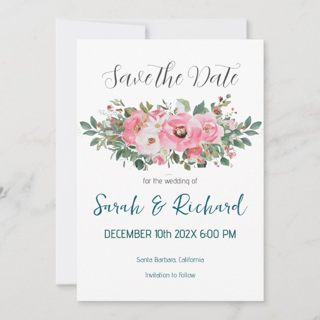 Save The Date Mariage d'aquarelle rose romantique de printemps (Devant)