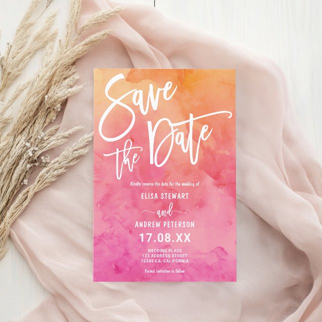 Save The Date Mariage d'aquarelle rose rose d'été (Vibrant Summer Pink Orange Watercolor Wedding Save The Date)