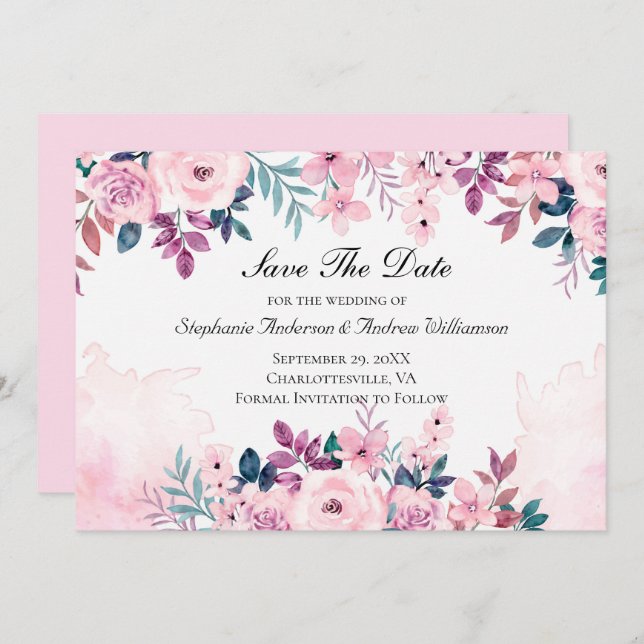 Save The Date Mariage d'aquarelle rose violet vert (Devant / Derrière)