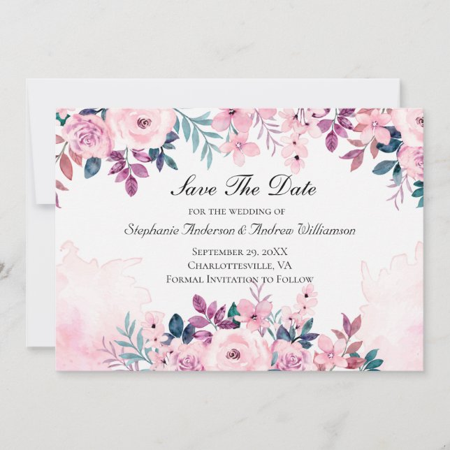 Save The Date Mariage d'aquarelle rose violet vert (Devant)