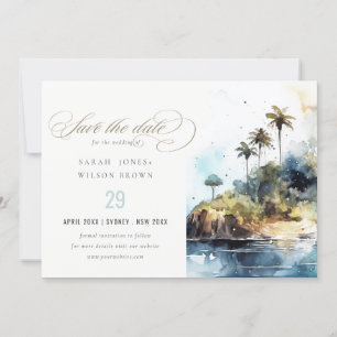 Save The Date Mariage d'aquarelle Seascape Palm Tree Island