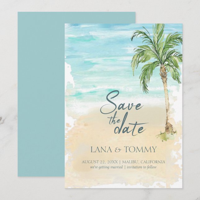 Save The Date Mariage d'aquarelle Tropical Palm Beach (Devant / Derrière)