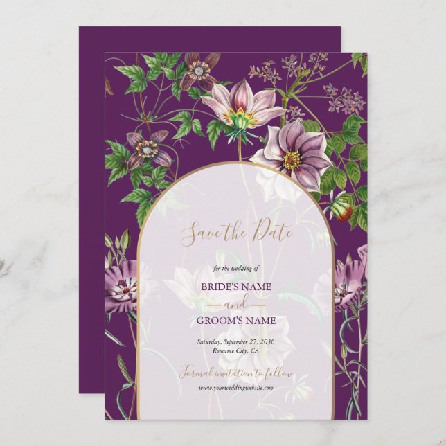 Save The Date Mariage d'arc doré fleuri violet (Devant / Derrière)