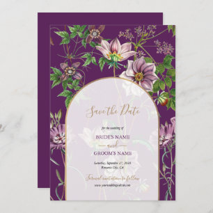 Save The Date Mariage d'arc doré fleuri violet