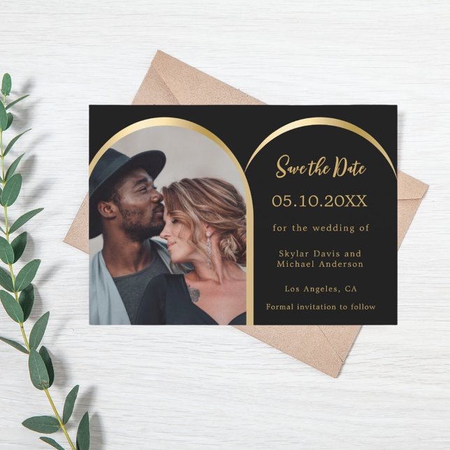 Save The Date Mariage d'arche photo moderne en or noir (Créateur téléchargé)