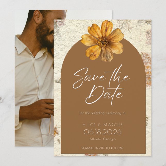 Save The Date Mariage de automne Arche Fleur Pressé Enregistrer  (Devant / Derrière)