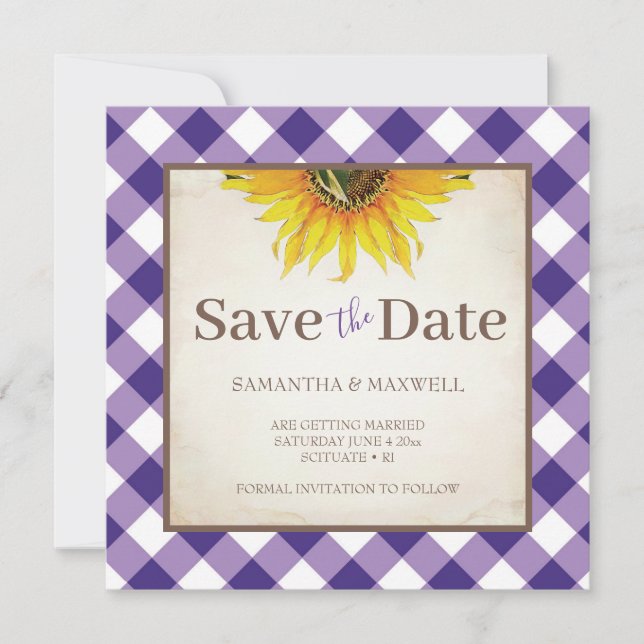 Save The Date Mariage de automne Avec Violet En vichy Enregistre (Devant)