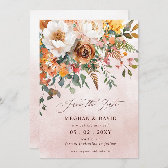 Save The Date Mariage de automne Floral Orange Rustique (Devant / Derrière)