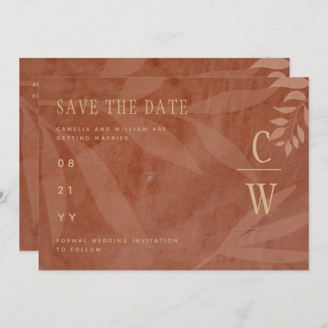Save The Date Mariage de automne moderne Feuilles d'or en terre  (Devant / Derrière)