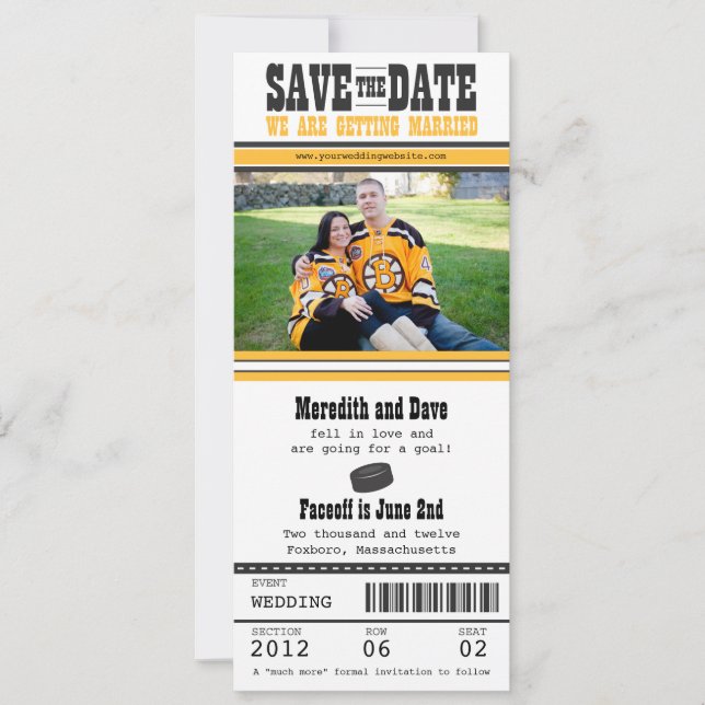 Save The Date Mariage de billets de hockey Enregistrer la date (Devant)