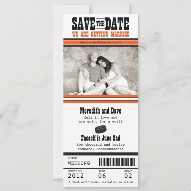 Save The Date Mariage de billets de hockey Enregistrer la date (Devant)