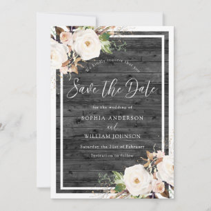 Save The Date Mariage de bois de charbon rustique blanc et blanc