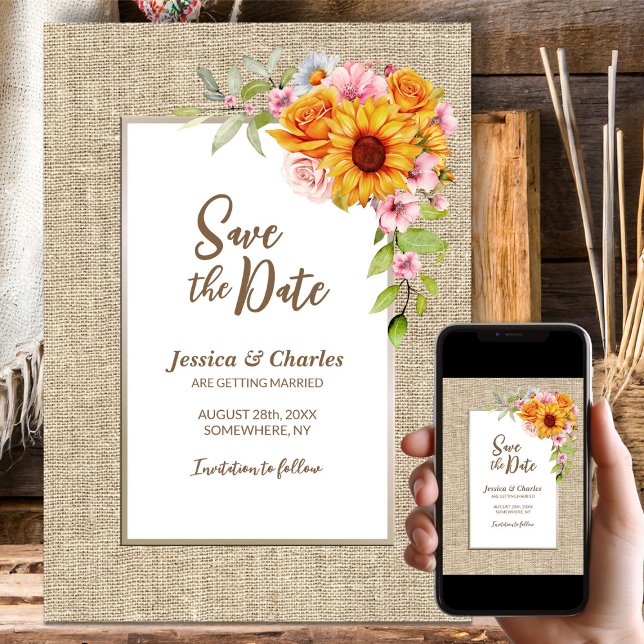 Save The Date Mariage de Burlap de fleurs de tournesol (Créateur téléchargé)
