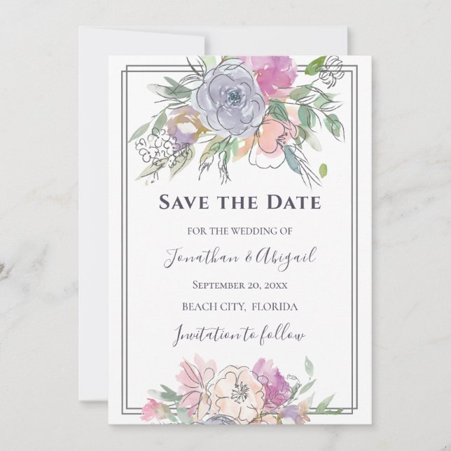 Save The Date Mariage de cadre gris floral rose pâle violet (Devant)