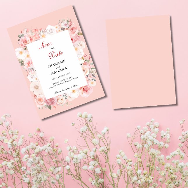 Save The Date Mariage de cadre rose pâle Rose de printemps (Créateur téléchargé)