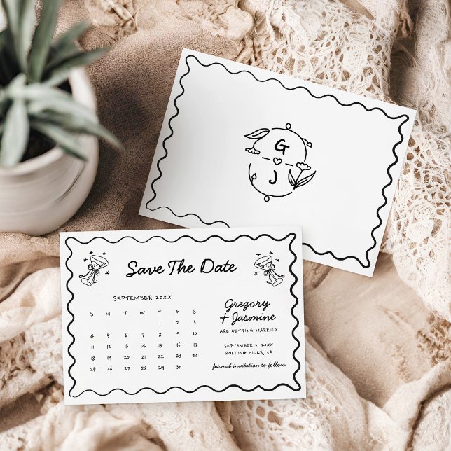 Save The Date Mariage de calendrier manuscrit Doodle tiré à la m (Créateur téléchargé)