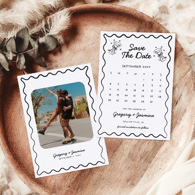 Save The Date Mariage de calendrier photo Whimsical Quirky tiré  (Créateur téléchargé)