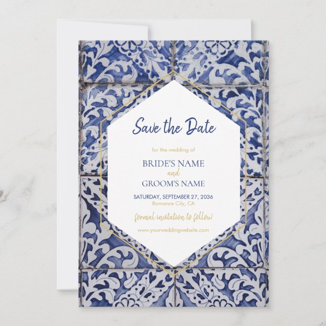 Save The Date Mariage de carreaux portugais rustiques (Devant)