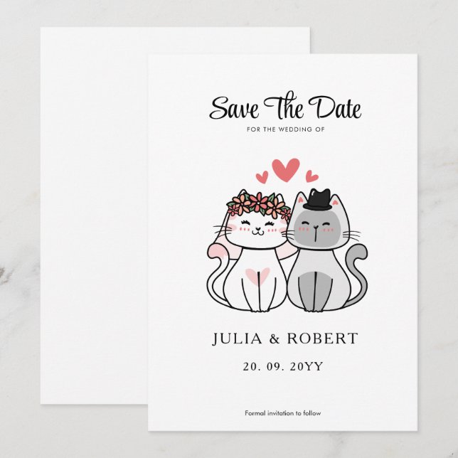 Save The Date Mariage de Chat Mignon Mariée Et Mari  (Devant / Derrière)