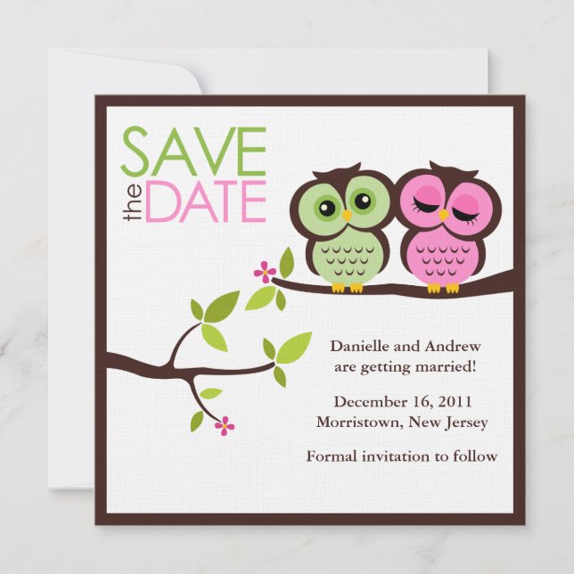 Save The Date Mariage de Chouettes vertes et roses (Devant)
