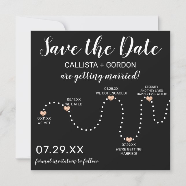 Save The Date Mariage de chronologie noir blanc or simple (Devant)