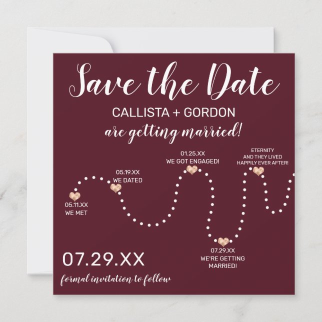 Save The Date Mariage de chronologie simple Gold Burgundy (Devant)