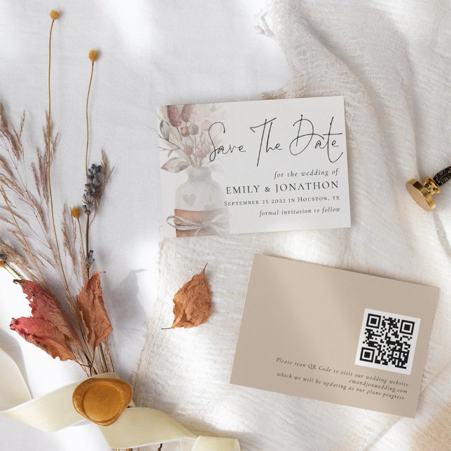 Save The Date Mariage de code QR Boho Pampas Grass Overlay (Créateur téléchargé)