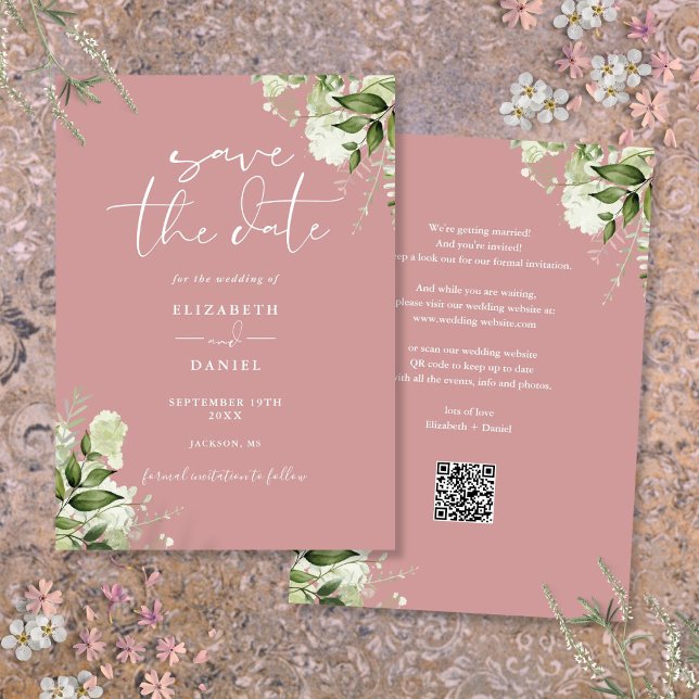 Save The Date Mariage de code QR floral Dusty Rose (Dusty Rose Greenery Floral QR Code Wedding Save The Date)
