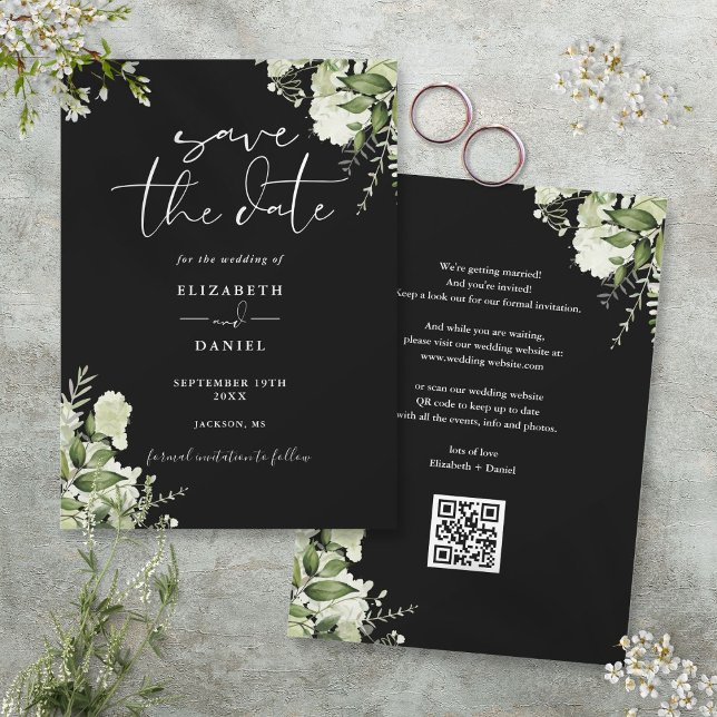 Save The Date Mariage de code QR floral noir et blanc (Black And White Greenery Floral QR Code Wedding Save The Date)