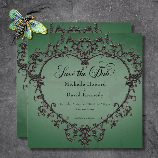 Save The Date Mariage de coeur gothique noir et vert en fibre (Gothic Black & Green Filigree Heart Wedding Save The Date)