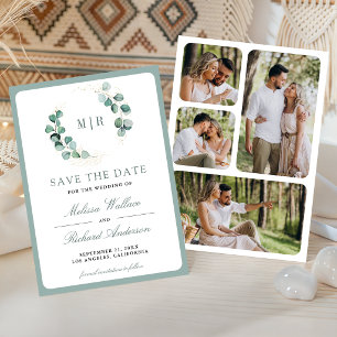 Save The Date Mariage de collage photo à monogramme d'eucalyptus