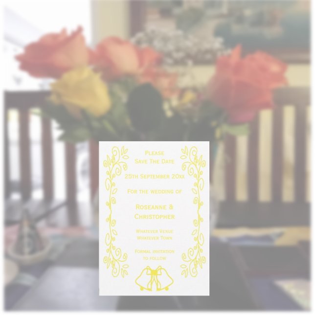 Save The Date Mariage de conception de charpente citron (Yellow wedding save the date bells and scrollwork design)