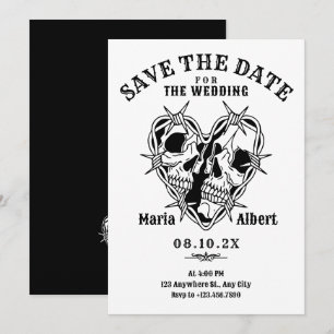 Save The Date Mariage de couple de crâne gothique noir et blanc