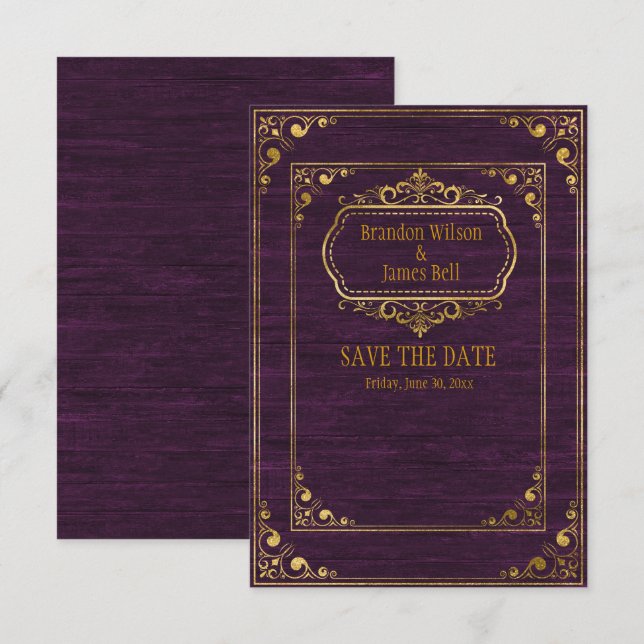 Save The Date Mariage de couple gay Cadres en bois brun et or (Devant / Derrière)