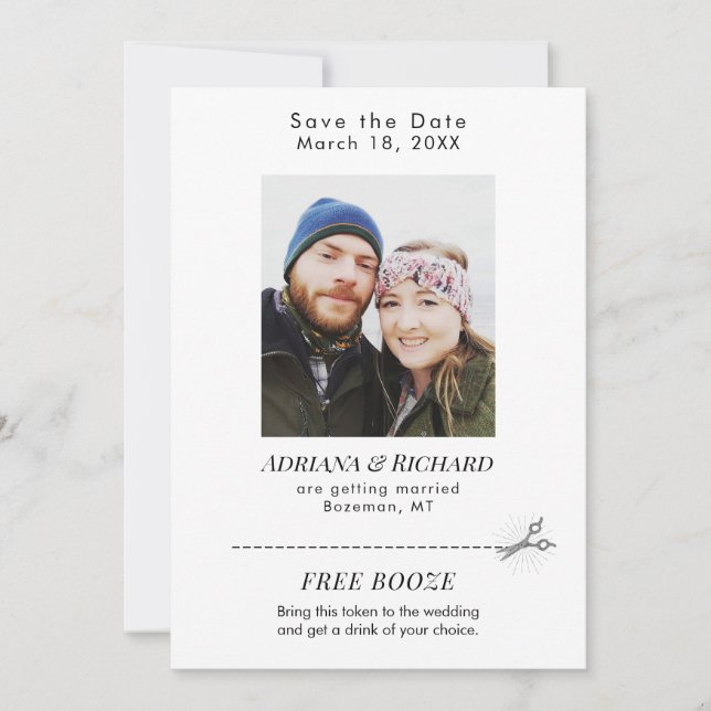 Save The Date Mariage de coupon Booze gratuit Photo moderne (Devant)