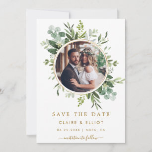 Save The Date Mariage de couronnes vertes en or botanique Photo