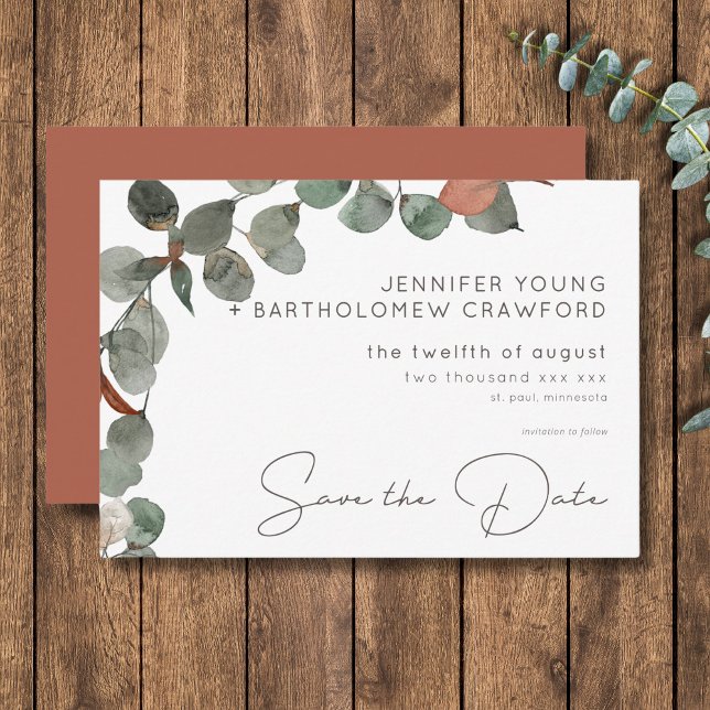 Save The Date Mariage de courroie vert de rouille minimale (Minimal Rust Green Eucalyptus Wreath Wedding Save The Date)