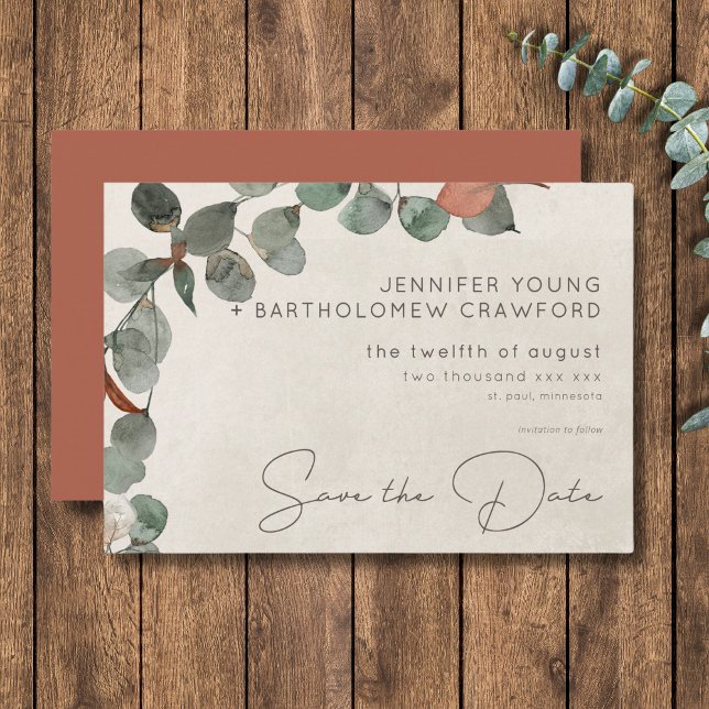 Save The Date Mariage de courroie vert de rouille minimale (Minimal Rust Green Eucalyptus Wreath Wedding Save The Date)