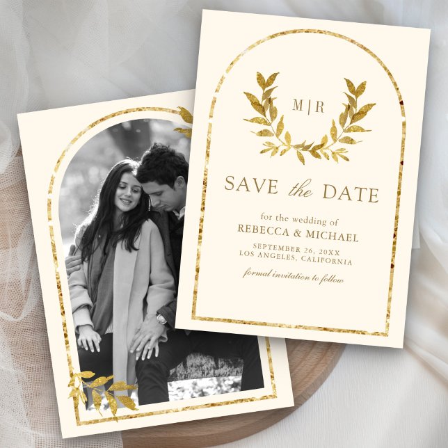 Save The Date Mariage de crème Feuille Gold Laurel Wreath (Créateur téléchargé)