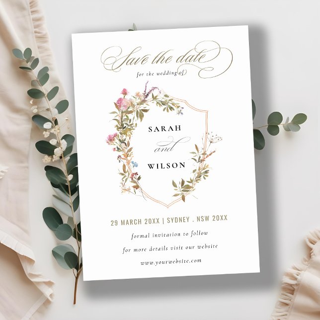 Save The Date Mariage de crête Fleur sauvage rose rose chic (Créateur téléchargé)